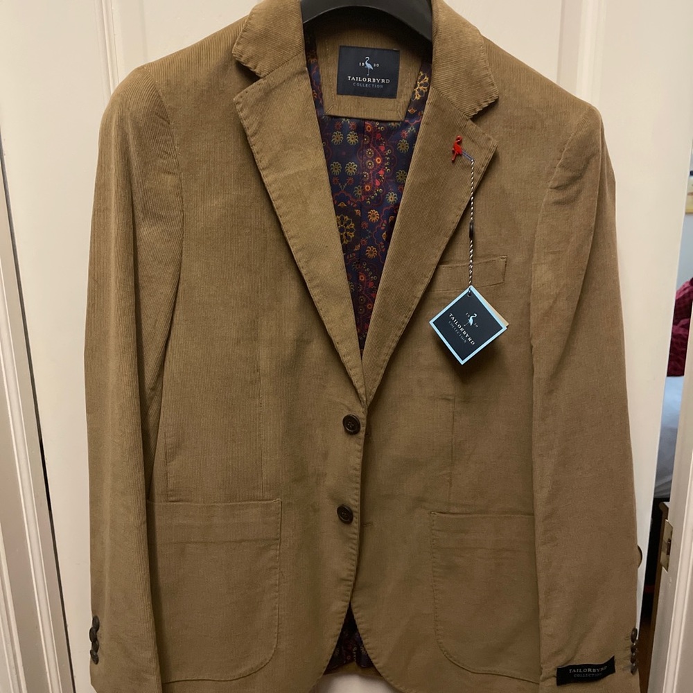 Tailorbyrd Mens Sports Coat Blazer Corduroy Taupe Color Size 38R 100% Cotton